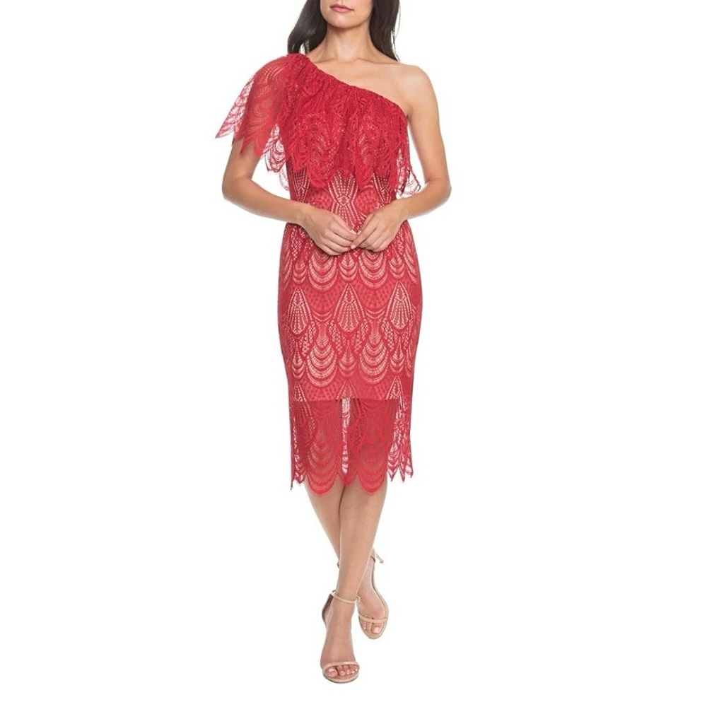 Dress The Population Violet One Shoulder Lace Sheath Red Dress